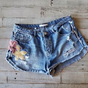 ZARA Trafaluc  Denim Sequin Flower Shorts Size 10